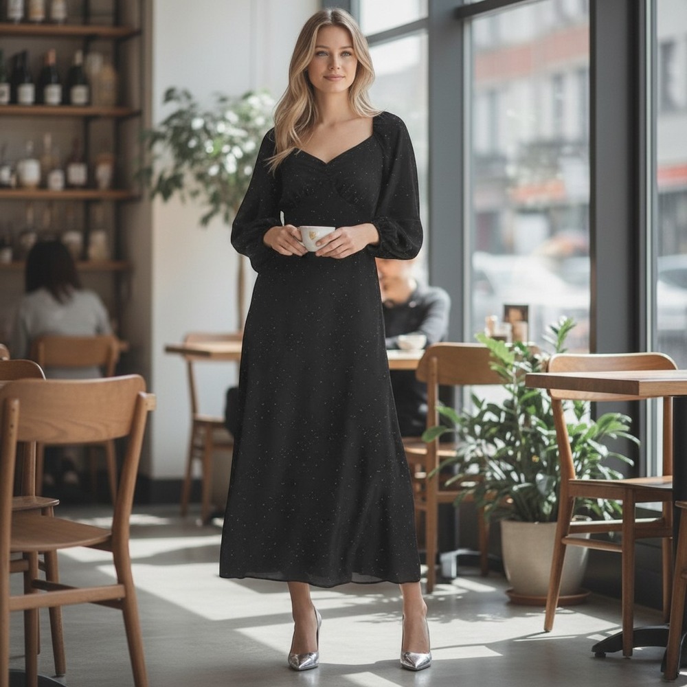 a new day Black Dot Long Sleeve Maxi Dress Small - Picture 5 of 5